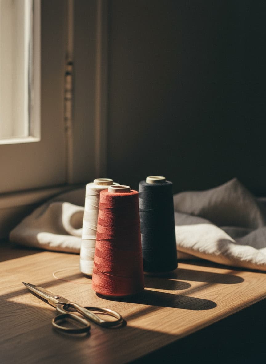 Drei Garnspulen — Polyester, Baumwolle, Heavy — auf einer Werkstatt mit Schneiderschere im warmen Fensterlicht